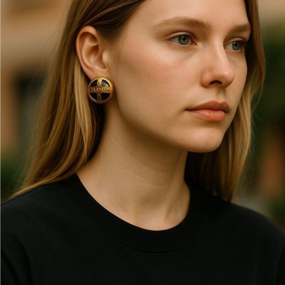 CHANEL Black and Gold Cross Button Earrings - Picture 7 of 7
